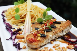 pan seared marlin tuna black garlic reduce balsamic vinegar