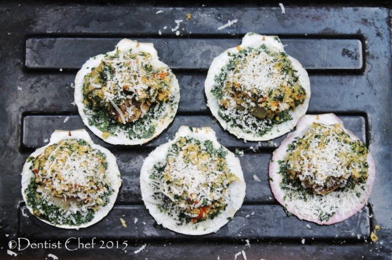 Recipe broiled scallop rockefeller cheese gratin parmigiano reggiano rockefeller sauce scallops in shell with basil parsley spinach breadcrumbs